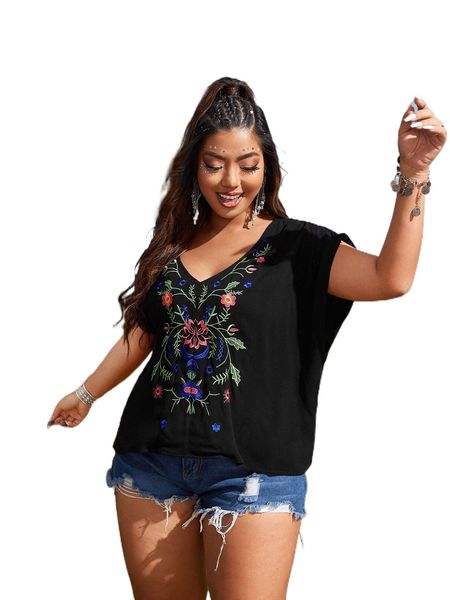 

plus floral embroidery batwing sleeve blouse v9je#, Black