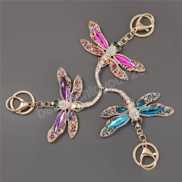 Dragonfly Keychains автомобиль Ключ Кольца Держатель Женщины Мода Кристалл Горный Хрусталь Сумка Подвеска Подвеска Клама для Ювелирных Изделий Подарочные Клейкие Клайны Цепи Сумки Аксессуары