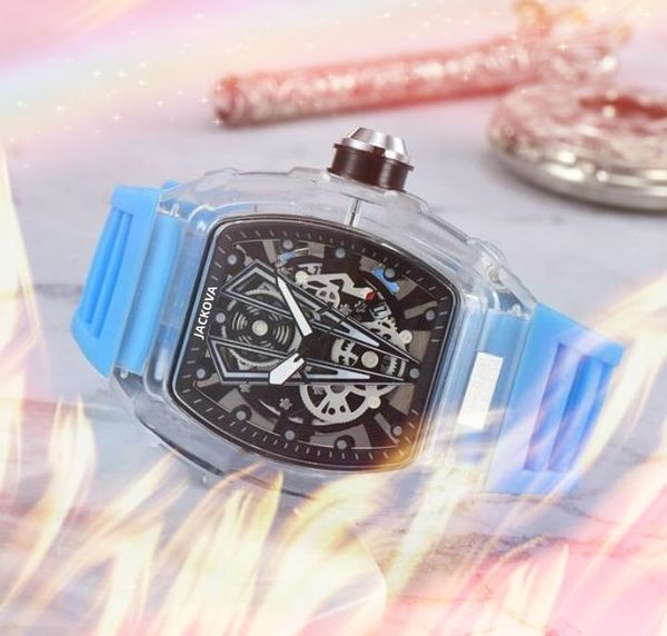 Popüler gündelik moda lüks adam kuvars saatler 43mm relojes de marca mujer içi boş şeffaf elbise lastik silikon kol saati montre de lüks hediye