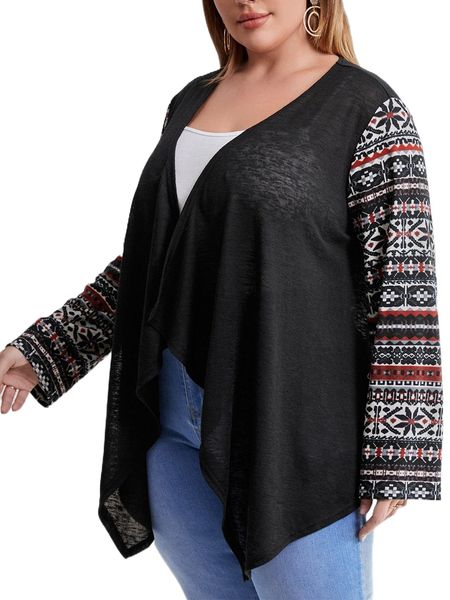 

plus geo print asymmetrical hem coat u6ru#, Black