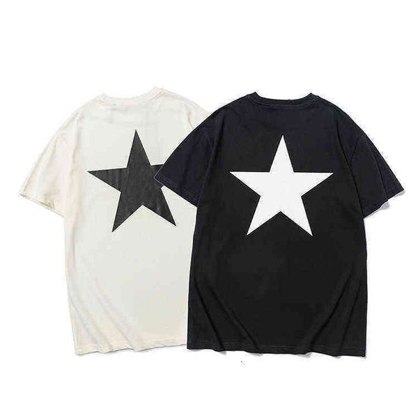 

five pointed star line trend loose high street essential men's women's short sleeved t shirt simple versatile solid color matching, White;black