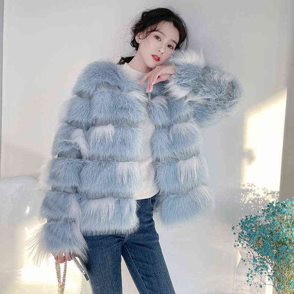 

pop women faux fur coat autumn winter elegant fashion o-neck long sleeve patchwork thick warm loose tuscany fur jacket t220810, Black