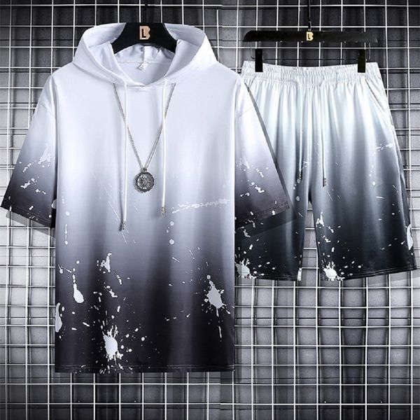 

summer men casual set gradient color male loose hooded tracksuit hip hop mens t shirtshorts 2 piece sets jogging sportwear suit 220606, Gray