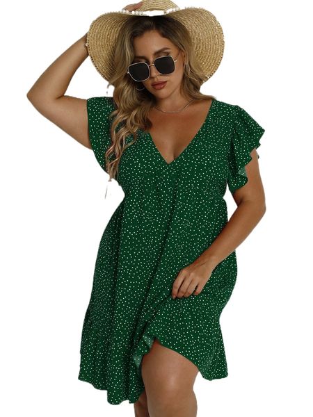 

plus polka dot ruffle trim dress m43p#, Black
