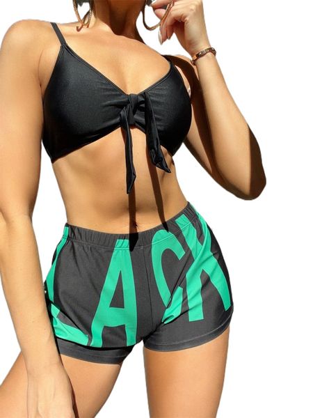 

letter graphic knot front bikini swimsuit b0sb#, White;black