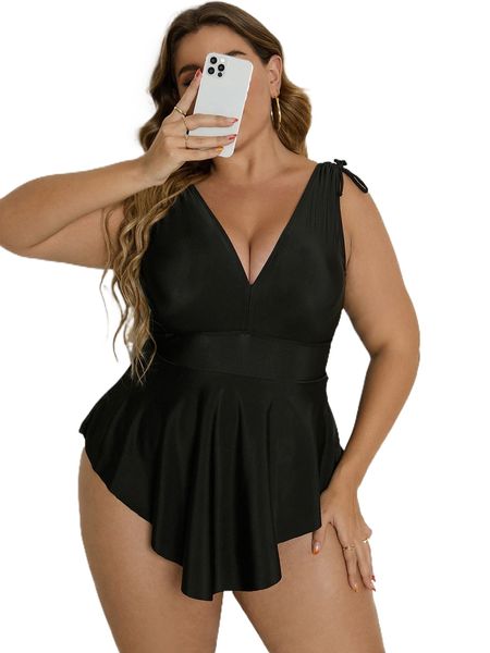 

plus drawstring shoulder ruffle trim one piece swimsuit 49mo#, White;black