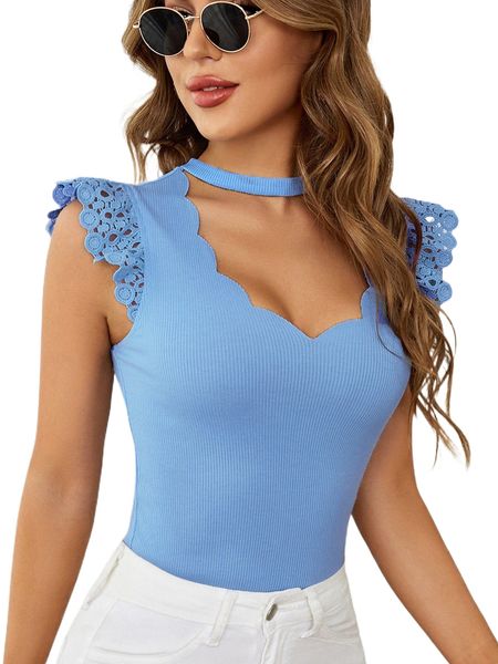 

choker neck scallop contrast lace tee u0pc#, White