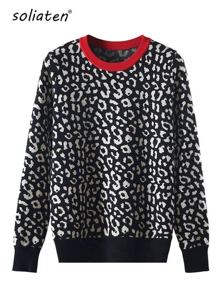 

autumn winter women sweaters leopard knitted pullovers long sleeve contrast color crewneck jumpers sweter mujer c- 026, White;black