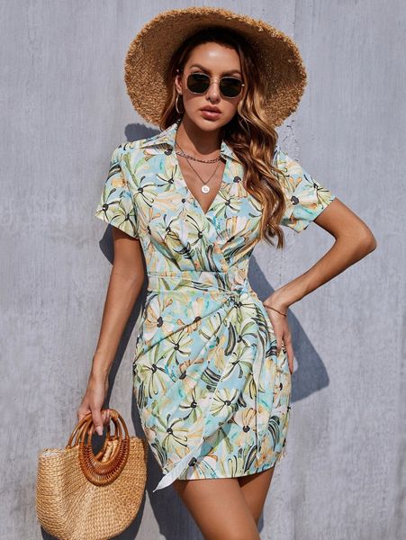 

floral print knot side wrap dress 87i5#, Black;gray