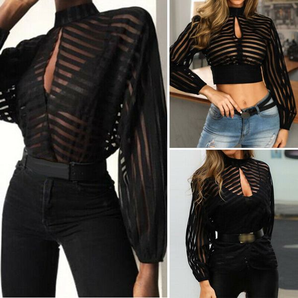 

fashion women mesh sheer see-through long sleeve shirt blouse black, White