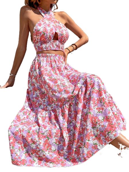 

allover floral print shirred backless halter & ruffle hem skirt e71o#, White
