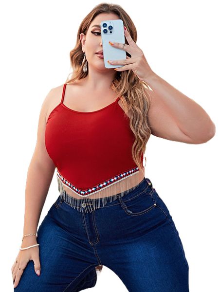 

plus contrast geo tape fringe hem crop cami y5vc#, Black