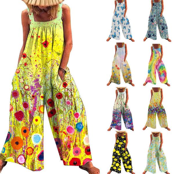 

women's jumpsuits & rompers 2022 summer large fashion printed loose strap wide leg jumpsuit pj3q, Black;white