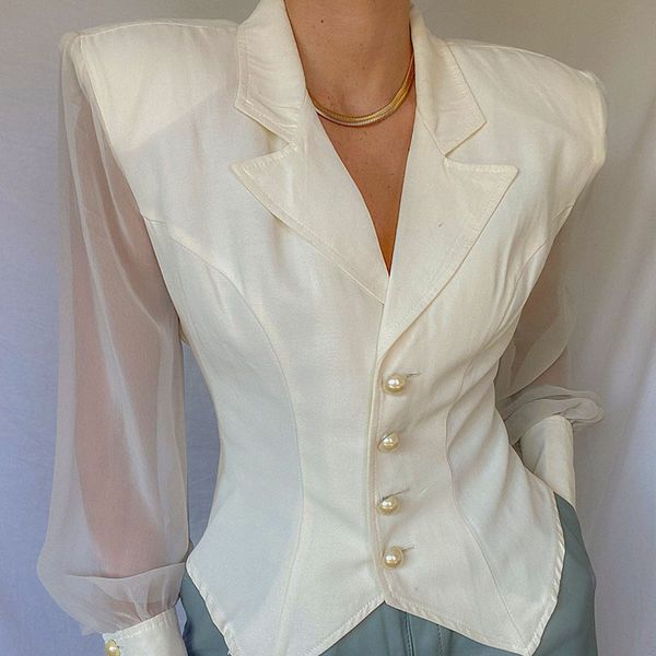 

solid contrast mesh asymmetrical hem blazer u9ki#, White;black