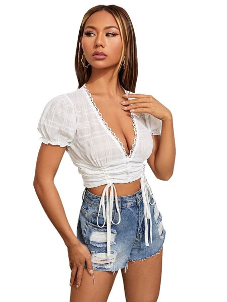 

plunging neck puff sleeve drawstring ruched crop h33n#, White
