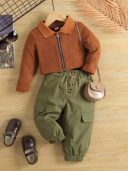 

toddler girls ribbed knit zip up jacket & fake button pants she, White