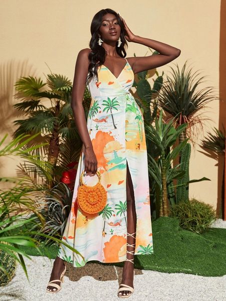 

tropical print wrap tie side cami dress u7xb#, Black;gray