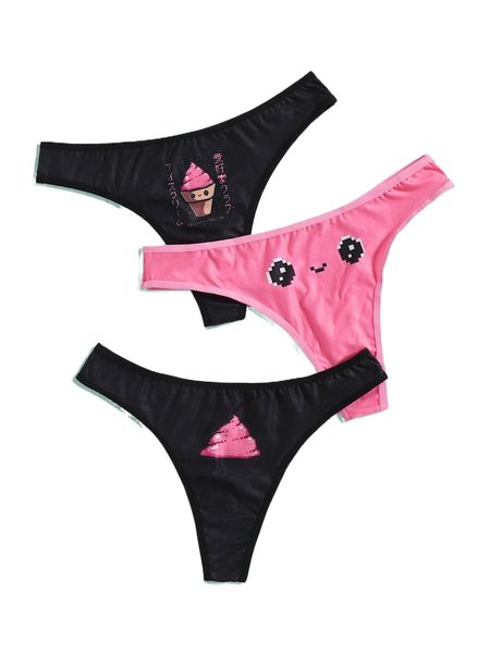 

romwe x ilustrata anime 3pack cartoon graphic panty set 036j#, Black;red