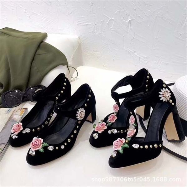 

dress shoes rose flower leaf t-belt velvet high-heeled shoes early spring round head thick heel rivet women's sandals lbny, Black