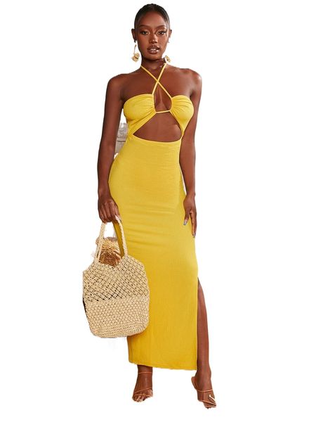 

cut out tie backless split hem halter dress 467s#, Black;gray