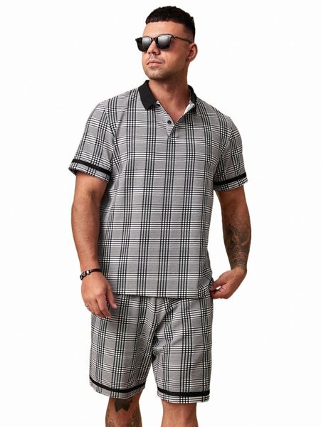 

extended sizes men plaid polo shirt & shorts h4wo#, Gray
