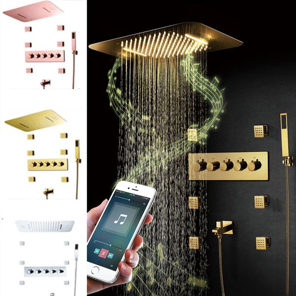 

buletooth music led light shower head waterfall rainfall 304sus shower bathroom thermostatic faucets mixer massage jets ceiling mount rose g