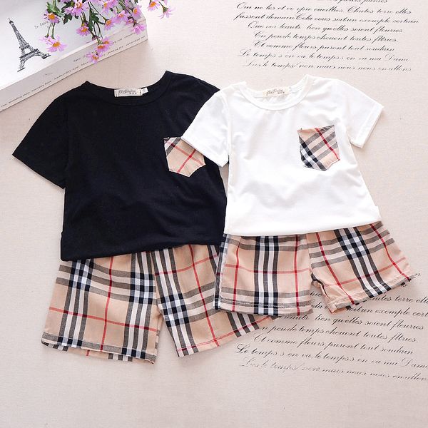 2022 New Spring Baby clothes set Boy Girl Plaid Pocket Camicia a maniche corte + Pantaloncini scozzesi 1-7 anni Suit Kids Set di abbigliamento per bambini 2 pezzi