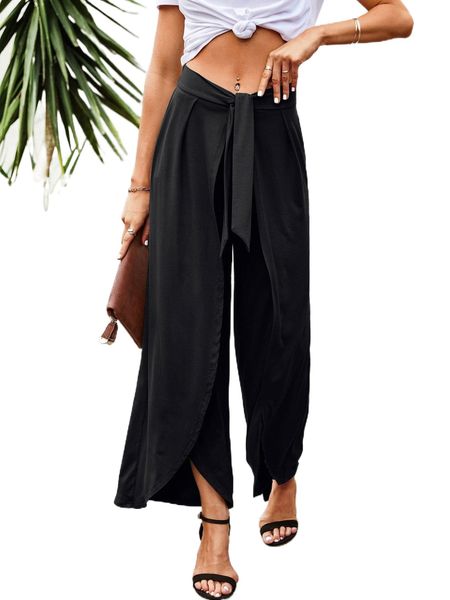

tie front wrap hem wide leg pants v1fy#, Black;white