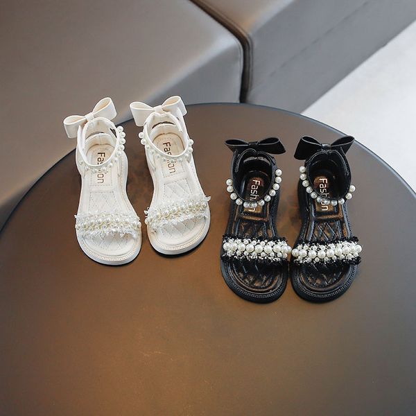 Sandálias para meninas sandálias com strass e pérolas sapatos de verão para crianças sapatos de grife abertos na ponta dos pés macios 26-36