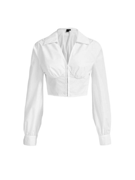 

mod collared ruched bust hook and eye crop shirt a0bw#, White