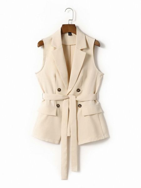 

lapel collar double button placket flap detail belted vest blazer h1sl#, White
