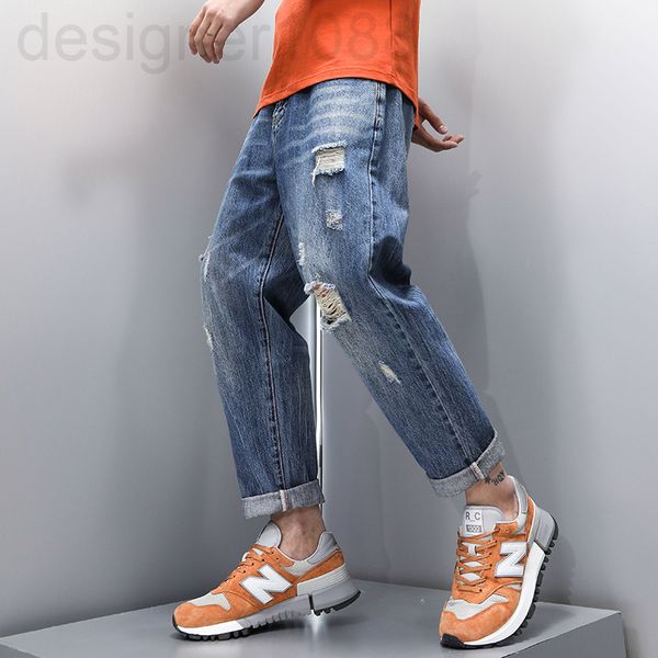 

men's jeans designer ripped jeans men's 2021 new loose straight style versatile 9-point autumn and winter large size pants 2h8r, Blue