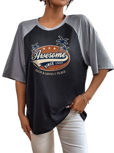 

tropical and slogan graphic raglan sleeve tee o6es#, White