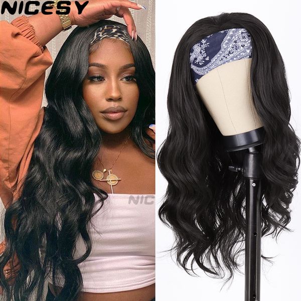 

costume accessories synthetic long wavy headband wig for black women none replacement body wave headwraps hair wig 2021 new fashion, Silver
