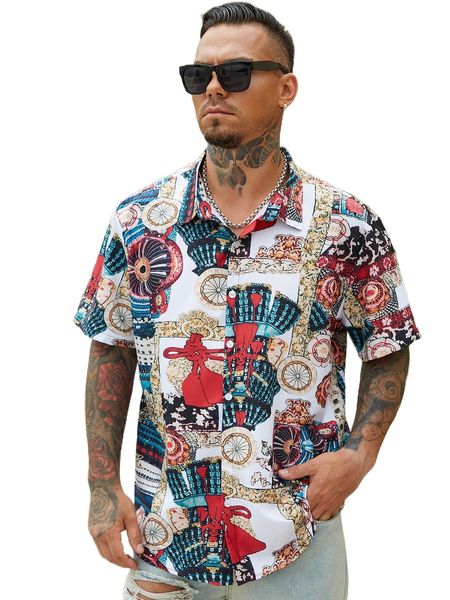 

extended sizes men random geo print shirt i1fq#, White;black