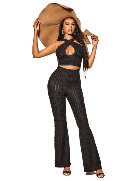 

sxy cut out wrap cross frilled crop & flare leg pants k2wo#, White