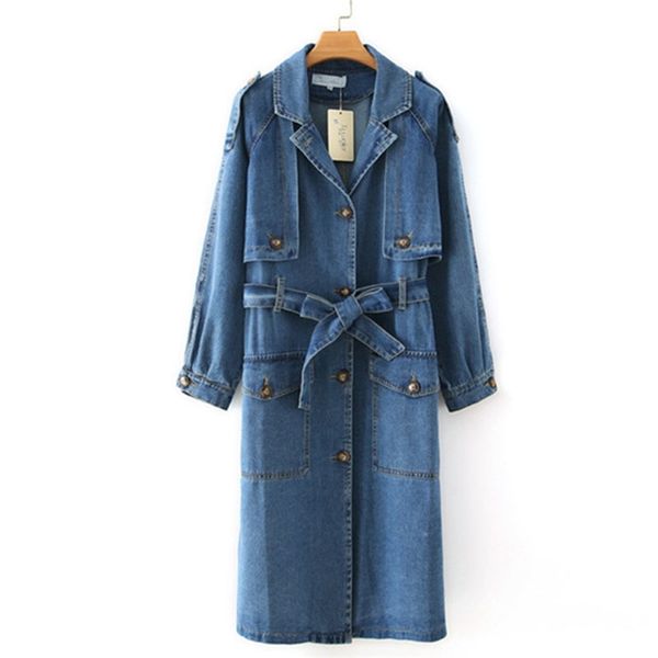 Oversize Denim Trench Coat Feminino Primavera Outono Algodão Jean Outerwear Plus Size Longo Jaqueta Casual Top Denim Manto KW49 T200828