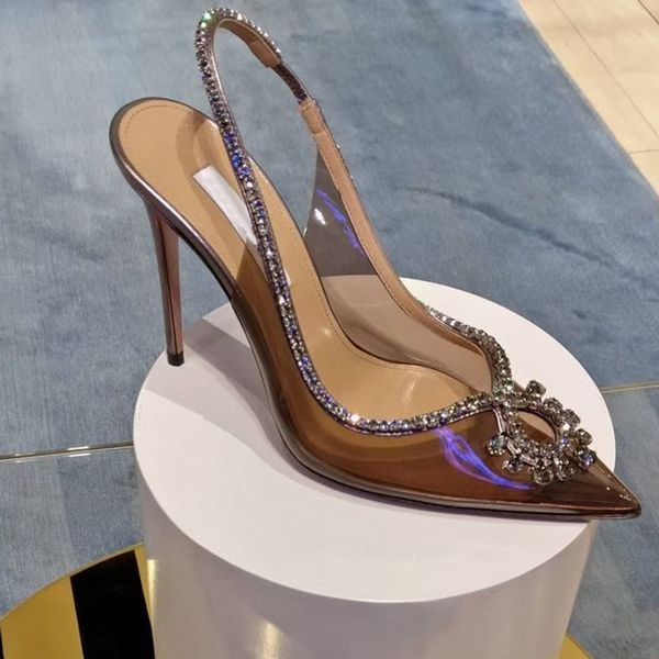 Moda seksi Sandalet Tasarımcı şeffaf PVC Kristal Süslenmiş taklidi toka bayan elbise ayakkabı kaliteli deri taban stiletto topuk kadın Sandalet 4-11