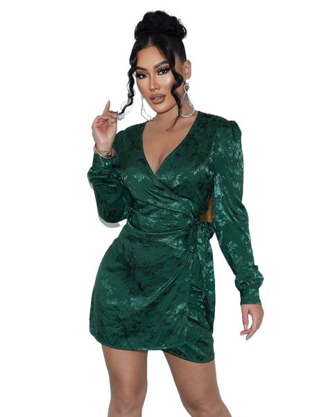 

joyfunear floral jacquard tie side wrap dress y45i#, Black;gray