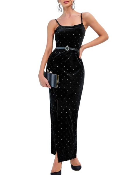 

dot pattern split thigh velvet cami dress without belt m5xg#, Black;gray