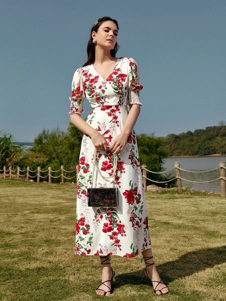 

floral print shirred cuff puff sleeve fake button dress a9k8#, Black;gray