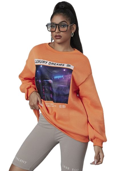 

sxy slogan & car print drop shoulder pullover g2bs#, Black