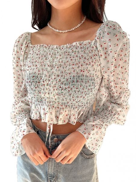 

dazy ditsy floral print frill trim shirred flounce sleeve crop blouse t65k#, White
