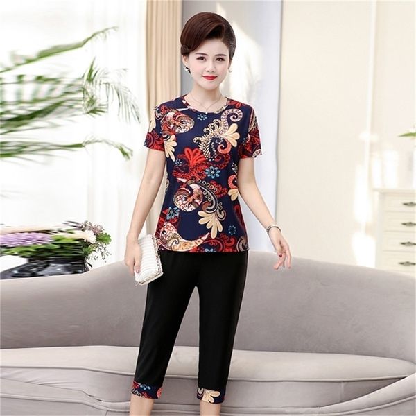 

women 2 piece set loose print short sleeved t shirt pants middle aged mother summer suit 220718, Black;gray