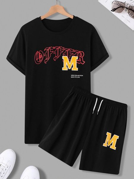 

men letter graphic tee & drawstring shorts k8x2#, Gray