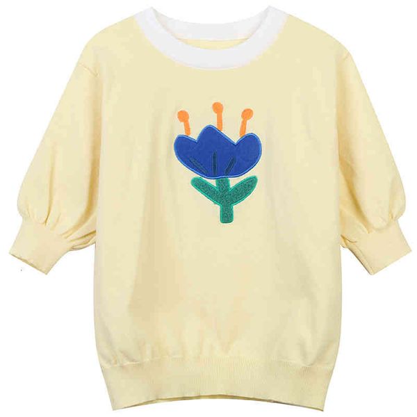 

women's sweaters hong kong style round neck bubble sleeve t-shirt summer color contrast flower embroidery sweet college slim pullover s, White;black