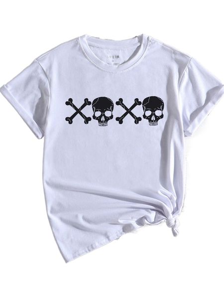 

skull print round neck tee a5ce#, White
