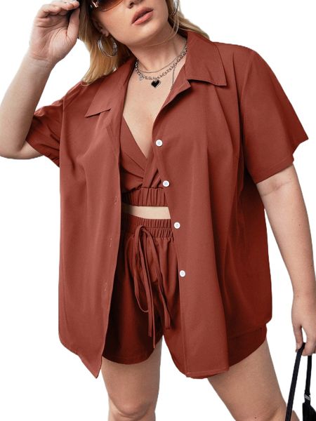 

plus button front shirt & cami & shorts a0fr#, Black