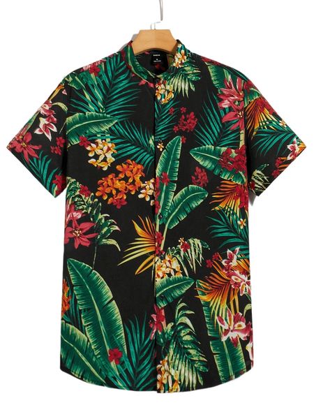 

men tropical print mock neck shirt d525#, White;black