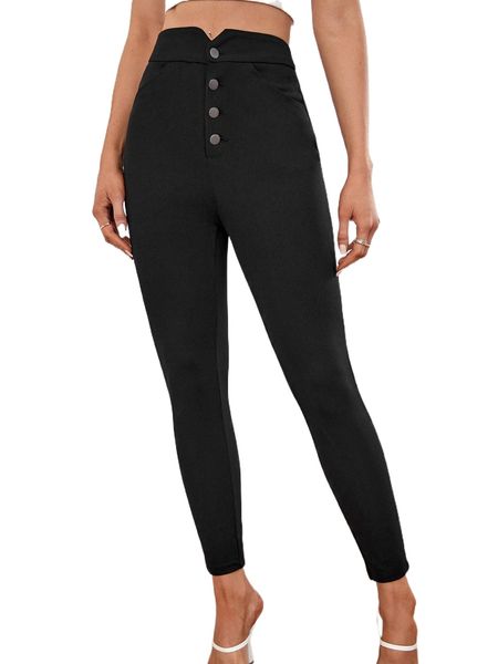 

notched detail button fly skinny pants i8ti#, Black;white
